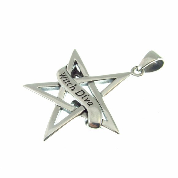 Solid 925 Sterling Silver Witch Diva Pentagram Pendant, Pagan Occult Jewelry - Picture 7 of 9